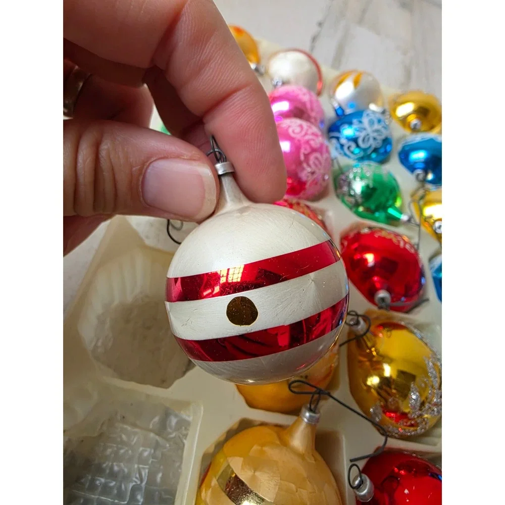 Vintage Columbia mini Mica glitter ball ornament set pink blue green red gold